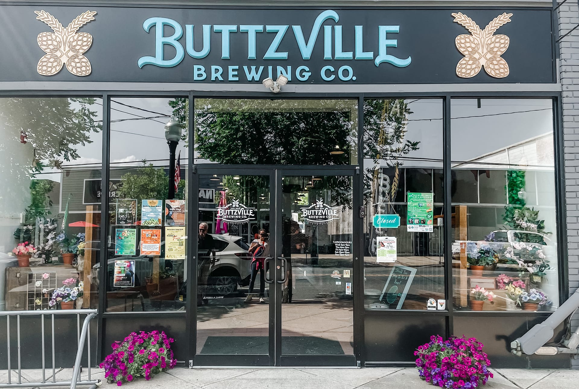 Exterior of brewery with sign reading Buttzville Brewing Co.