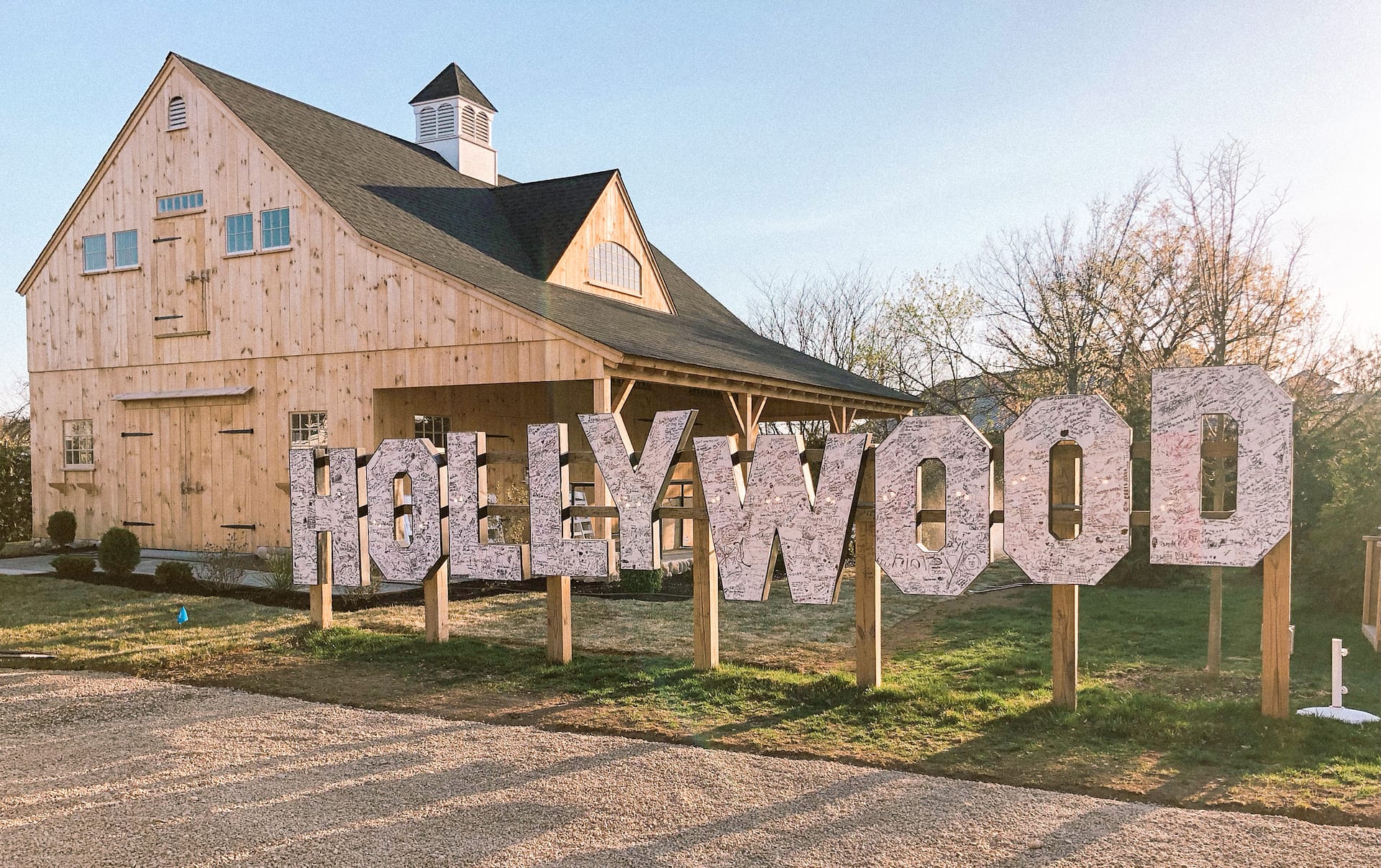 Hollywood video sign with modern wedding chapel in background