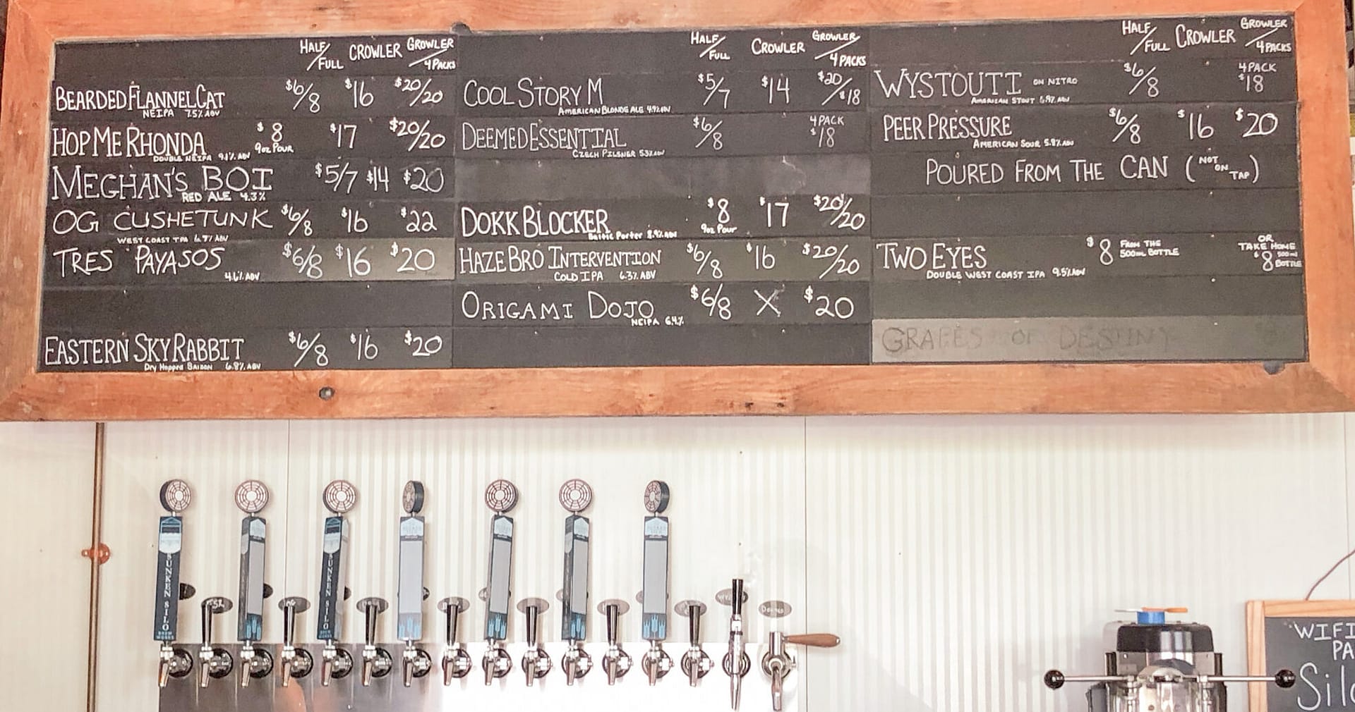 Row of tap handles with a chalk board beer menu hanging above it.